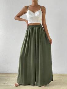 Chiquease 素色闊腿褲 - 軍綠色 - 查看 1