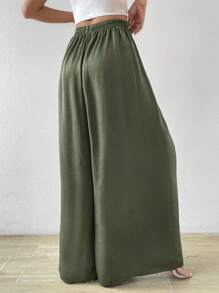 Chiquease 素色闊腿褲 - 軍綠色 - 查看 2