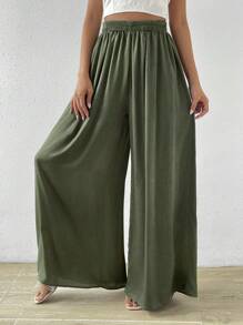 Chiquease 素色闊腿褲 - 軍綠色 - 查看 3