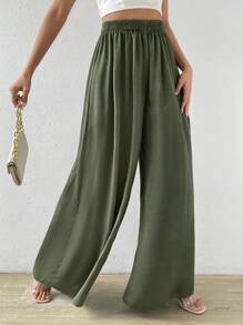 Chiquease 素色闊腿褲 - 軍綠色 - 查看 5