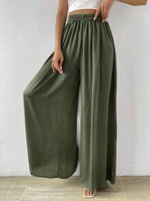 Chiquease 素色闊腿褲 - 軍綠色 - 查看 6