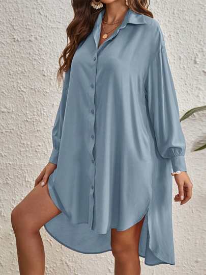 SHEIN VCAY Solid Button Front High Low Hem Shirt