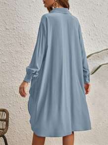 SHEIN VCAY Solid Button Front High Low Hem Shirt - Dusty Blue - View 2