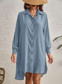 SHEIN VCAY Solid Button Front High Low Hem Shirt - Dusty Blue - View 3