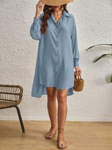 SHEIN VCAY Solid Button Front High Low Hem Shirt - Dusty Blue - View 4