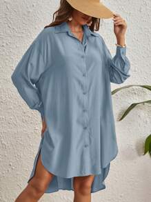 SHEIN VCAY Solid Button Front High Low Hem Shirt - Dusty Blue - View 5