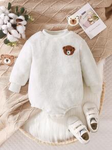 Baby Girl Bear Embroidery Teddy Bodysuit - White - View 1