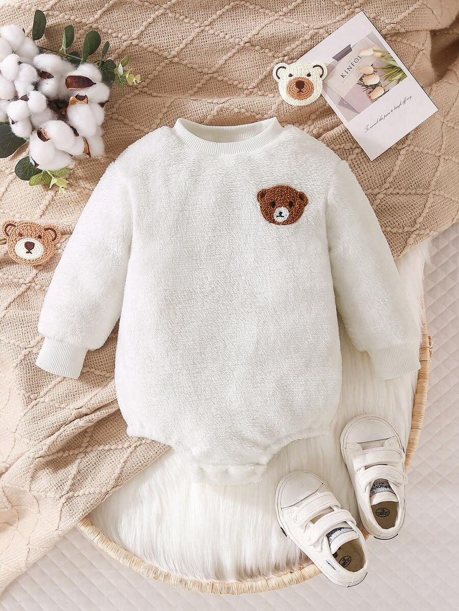 Baby Girl Bear Embroidery Teddy Bodysuit - White - View 1