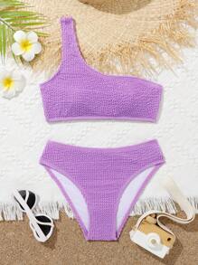 Tween Girls' Solid Color Textured One Shoulder Bikini Set, Summer Beach Vacation Bathing Suits For Teens Top Bathing Suits Teen Girl Two Pieces Swim Suits For Women 2 Piece Bathing Suit One Peice Bathing Suit For Teens - Purple - View 1