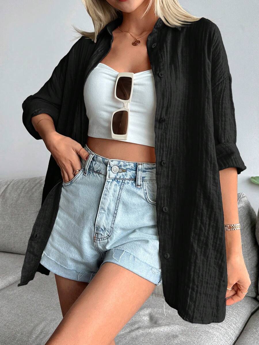 Cottnline Solid Drop Shoulder Button Front Shirt - Black - View 1