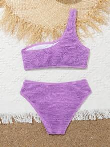 Tween Girls' Solid Color Textured One Shoulder Bikini Set, Summer Beach Vacation Bathing Suits For Teens Top Bathing Suits Teen Girl Two Pieces Swim Suits For Women 2 Piece Bathing Suit One Peice Bathing Suit For Teens - Purple - View 2