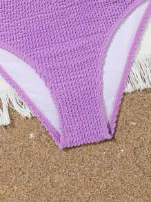 Tween Girls' Solid Color Textured One Shoulder Bikini Set, Summer Beach Vacation Bathing Suits For Teens Top Bathing Suits Teen Girl Two Pieces Swim Suits For Women 2 Piece Bathing Suit One Peice Bathing Suit For Teens - Purple - View 3