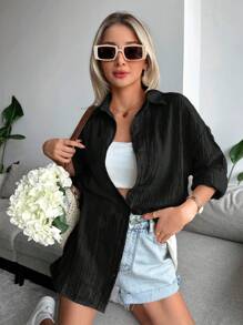 Cottnline Solid Drop Shoulder Button Front Shirt - Black - View 2