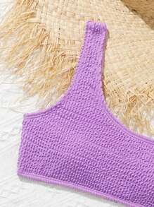 Tween Girls' Solid Color Textured One Shoulder Bikini Set, Summer Beach Vacation Bathing Suits For Teens Top Bathing Suits Teen Girl Two Pieces Swim Suits For Women 2 Piece Bathing Suit One Peice Bathing Suit For Teens - Purple - View 4