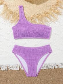 Tween Girls' Solid Color Textured One Shoulder Bikini Set, Summer Beach Vacation Bathing Suits For Teens Top Bathing Suits Teen Girl Two Pieces Swim Suits For Women 2 Piece Bathing Suit One Peice Bathing Suit For Teens - Purple - View 5