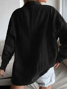 Cottnline Solid Drop Shoulder Button Front Shirt - Black - View 3