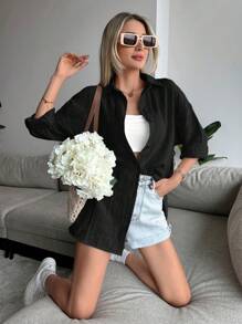 Cottnline Solid Drop Shoulder Button Front Shirt - Black - View 4