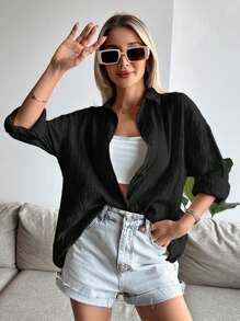 Cottnline Solid Drop Shoulder Button Front Shirt - Black - View 5