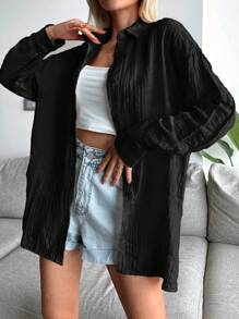 Cottnline Solid Drop Shoulder Button Front Shirt - Black - View 6