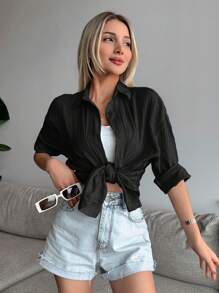 Cottnline Solid Drop Shoulder Button Front Shirt - Black - View 7