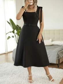 Celure Plus Solid Belted A-line Dress