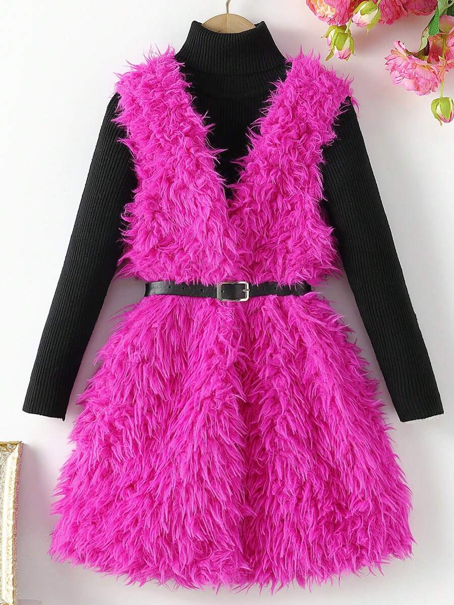 SHEIN Tween Girl Solid Fuzzy Vest Coat Without Jumper Dress - Hot Pink - View 1