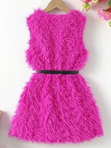 SHEIN Tween Girl Solid Fuzzy Vest Coat Without Jumper Dress - Hot Pink - View 2