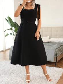 Celure Plus Solid Belted A-line Dress