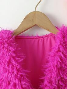 SHEIN Tween Girl Solid Fuzzy Vest Coat Without Jumper Dress - Hot Pink - View 4