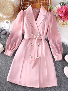 SHEIN Ragazza Tween Abito chemisier con doppio petto con manica a sbuffo con cintura - Rosa - Visualizzare 1