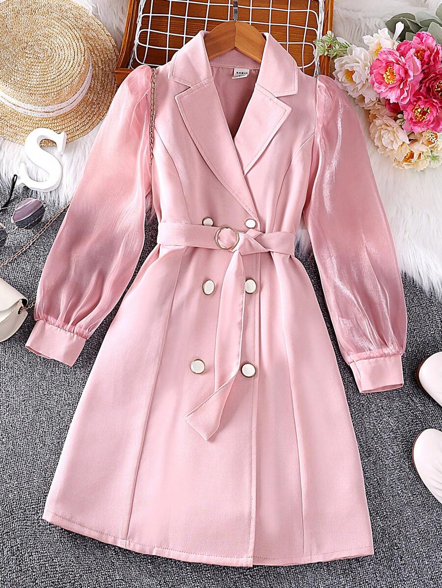 SHEIN Ragazza Tween Abito chemisier con doppio petto con manica a sbuffo con cintura - Rosa - Visualizzare 1