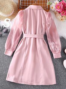 SHEIN Ragazza Tween Abito chemisier con doppio petto con manica a sbuffo con cintura - Rosa - Visualizzare 2