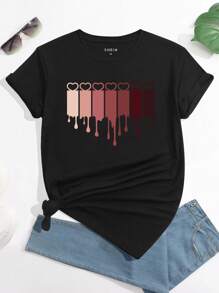 SHEIN EZwear Heart & Geo Print Tee - Black - View 1