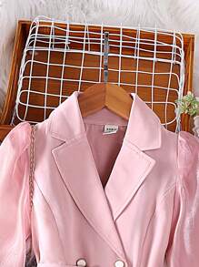 SHEIN Ragazza Tween Abito chemisier con doppio petto con manica a sbuffo con cintura - Rosa - Visualizzare 3