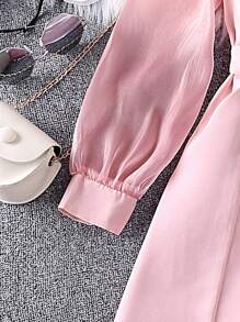 SHEIN Ragazza Tween Abito chemisier con doppio petto con manica a sbuffo con cintura - Rosa - Visualizzare 4