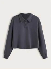 SHEIN BASICS Plus Terry Fleece Polo Neck Drop Shoulder Crop Sweatshirt - Dark Grey - View 4