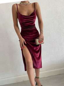 Vestido elegante de terciopelo sexy, con abertura, ajustado, de moda para fiesta de primavera, vacaciones, salida nocturna, Día de San Valentín - Burdeos - Ver 1