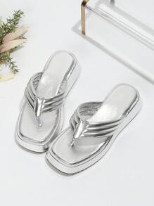 Women's Metallic Style Slip-on Thick Platform Flip Flops, Simple Silver Color Pu Beach Sandals And Home Slippers - Silver - View 2