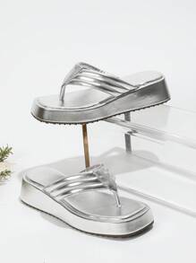 Women's Metallic Style Slip-on Thick Platform Flip Flops, Simple Silver Color Pu Beach Sandals And Home Slippers - Silver - View 5