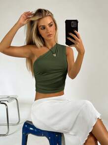 SHEIN EZwear 女士Y2K纯色褶皱无袖短款修身时尚上衣 - 軍綠色 - 查看 6