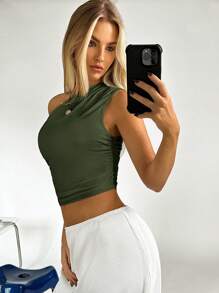 SHEIN EZwear 女士Y2K纯色褶皱无袖短款修身时尚上衣 - 軍綠色 - 查看 4