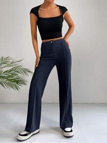 SHEIN EZwear Springsolid高腰喇叭褲 - 藏蓝色 - 查看 5