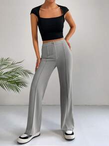 SHEIN EZwear Pantalon Évasé Taille Haute Couture Détail