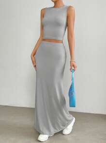 SHEIN EZwear 素色短款背心&魚尾短裙 - 灰色 - 查看 1