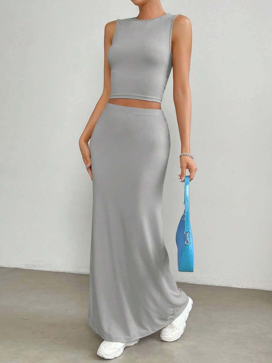 SHEIN EZwear 素色短款背心&魚尾短裙 - 灰色 - 查看 1