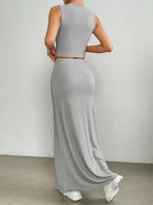 SHEIN EZwear 素色短款背心&魚尾短裙 - 灰色 - 查看 2