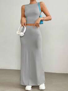 SHEIN EZwear 素色短款背心&魚尾短裙 - 灰色 - 查看 3