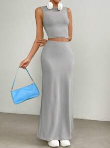 SHEIN EZwear 素色短款背心&魚尾短裙 - 灰色 - 查看 4