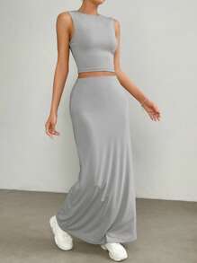 SHEIN EZwear 素色短款背心&魚尾短裙 - 灰色 - 查看 5