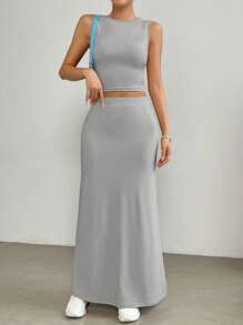 SHEIN EZwear 素色短款背心&魚尾短裙 - 灰色 - 查看 6